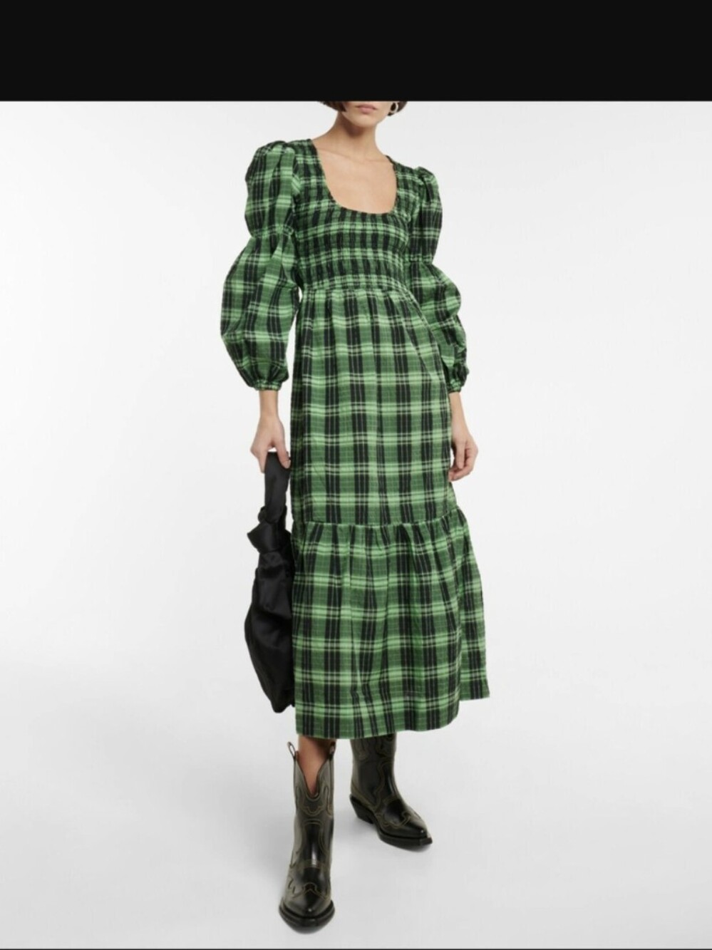 Ganni Green Black Plaid Smocked Maxi Dress Size 34 Cotton Europe Summer Long